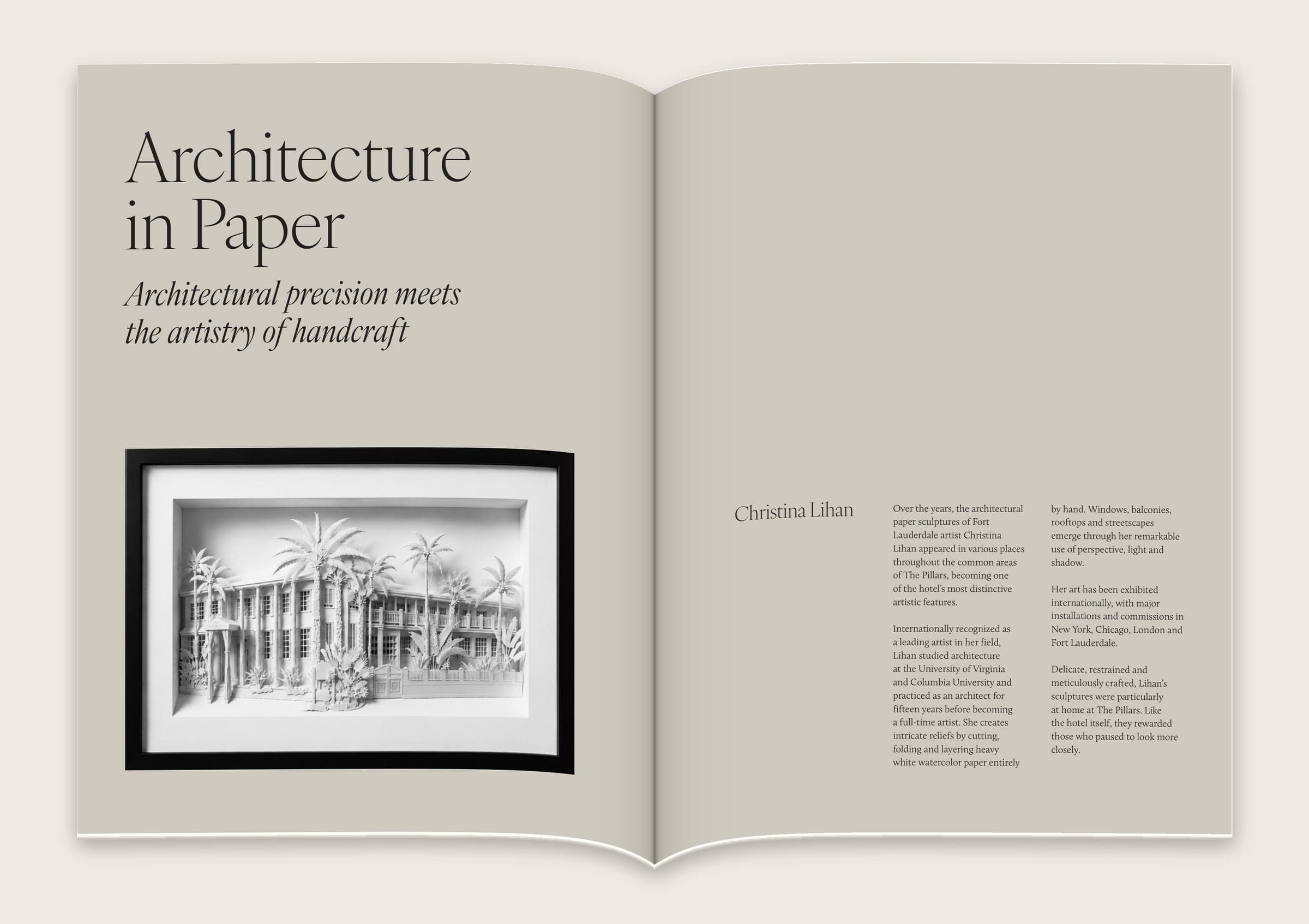 Spread titled “Architecture in Paper” showing a white paper relief of the hotel by artist Christina Lihan.