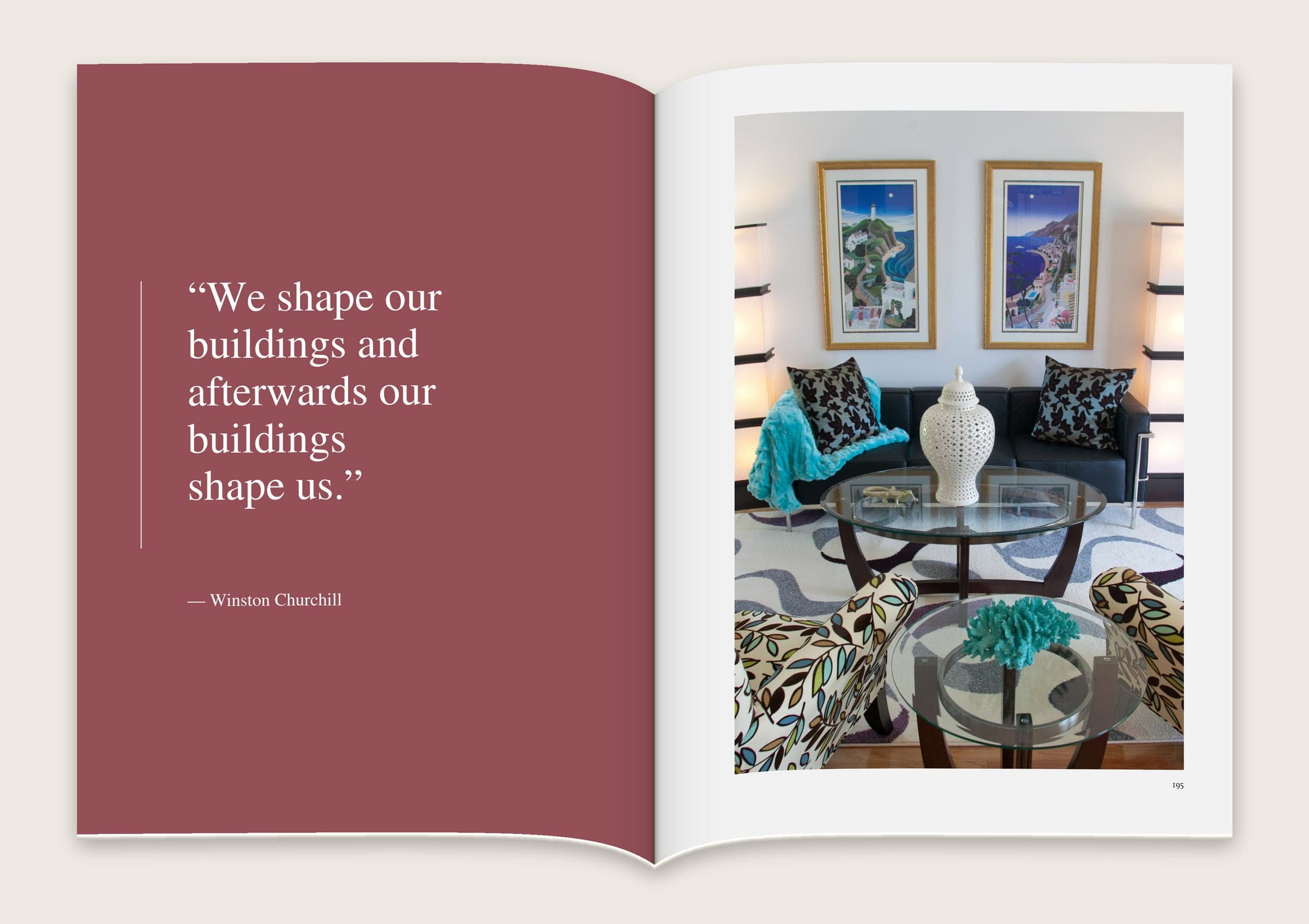 Spread with a quotation on a deep teal page opposite a photograph of a sitting room.