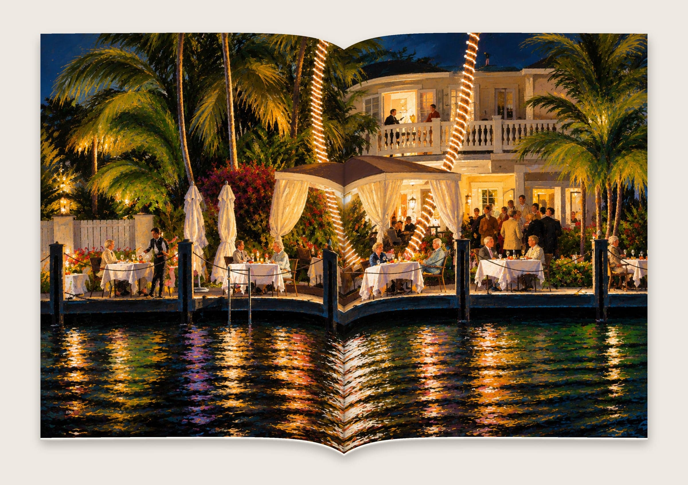 Double-page painting of the waterside terrace at night, palms wrapped in lights and diners at white tables.