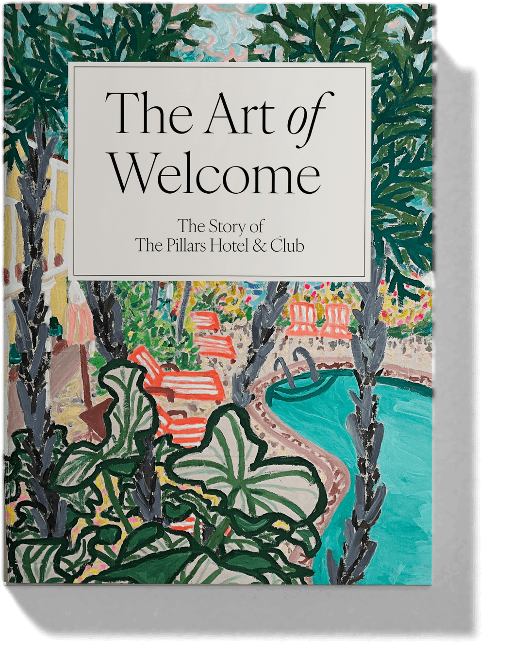 The illustrated dust jacket: a painting of the hotel pool, palms and striped loungers, with the title in a white panel.