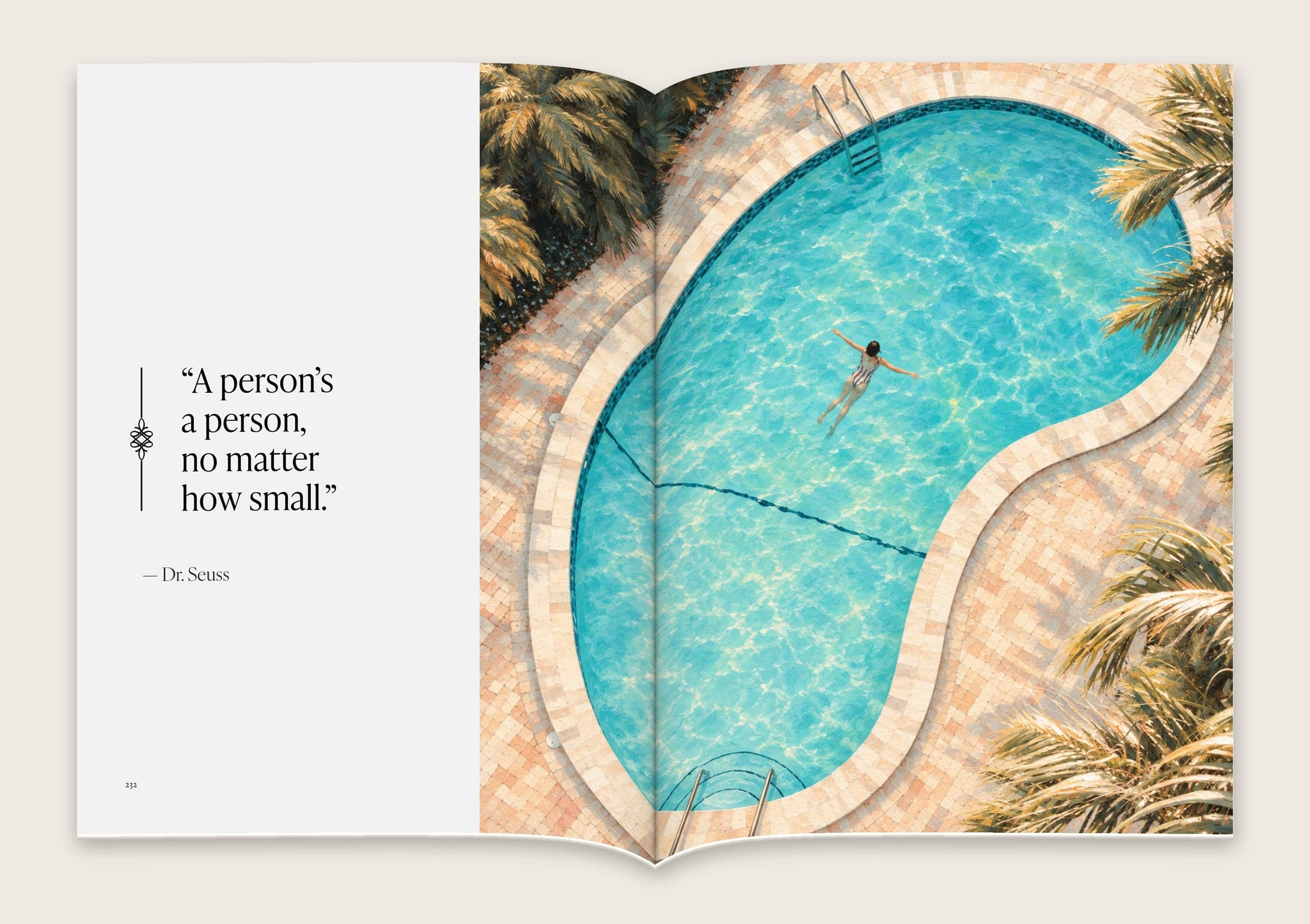 Spread with a short quotation beside an aerial photograph of a swimmer in the kidney-shaped pool.