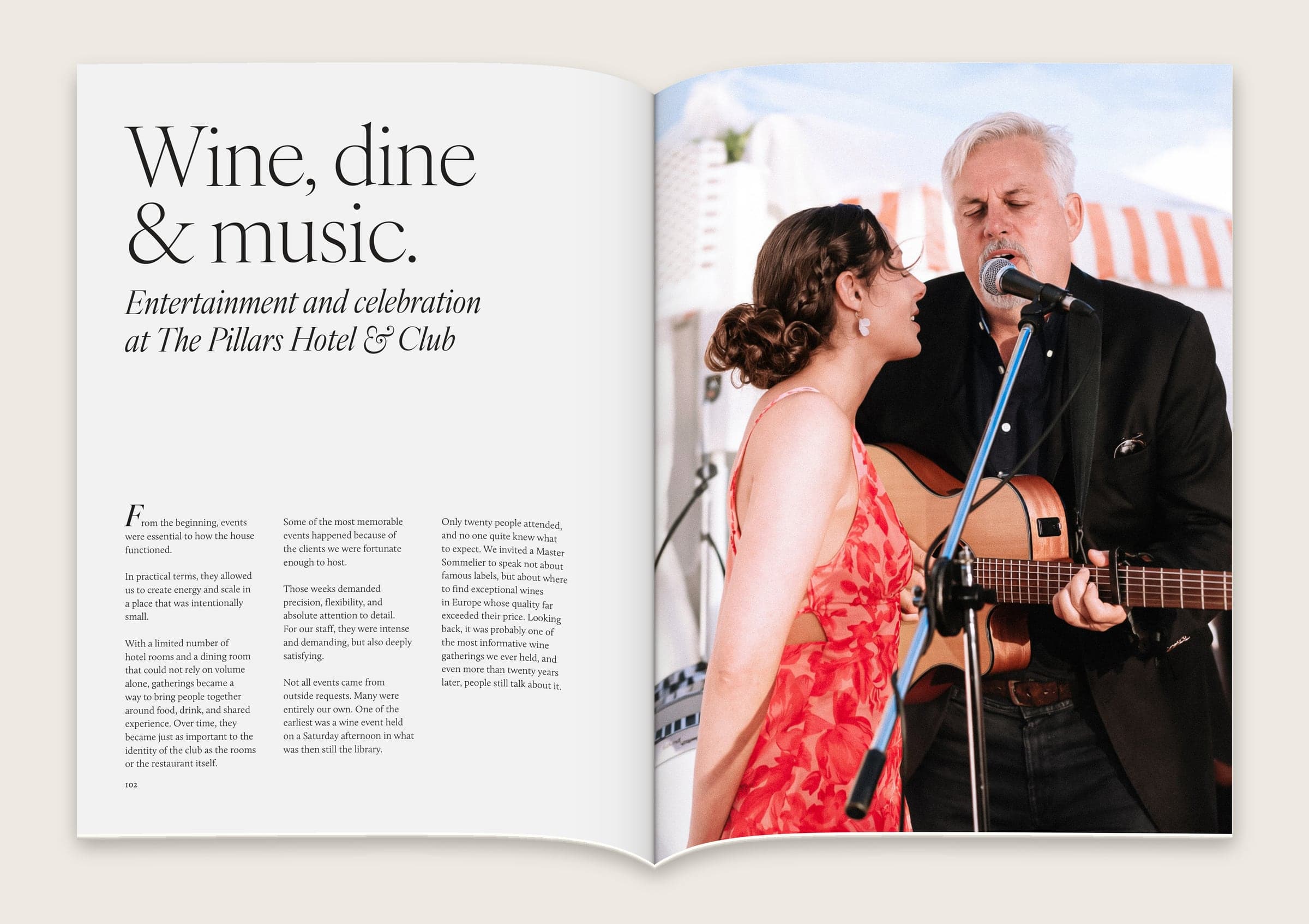 Spread titled “Wine, dine & music” with text about the club’s events beside a photograph of two singers and a guitar.